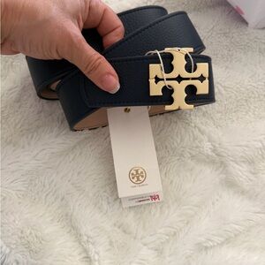 Tory Burch Navy Leather Belt with Gold Emblem